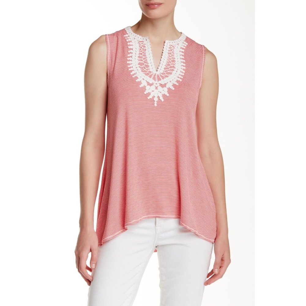 NWT $70 Max Studio Tank Top Crochet Yoke Tunic Top Red Striped Relaxed